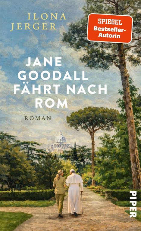 Buchtitel "Jane Goodall fährt nach Rom" von Ilona Jerger. Zwei Personen spazieren in einem Garten, eine trägt Weiß.