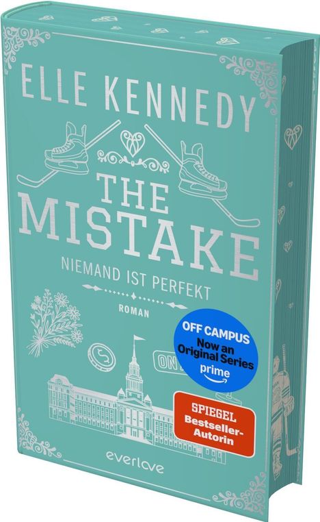 Der Titel "The Mistake: Niemand ist perfekt" von Elle Kennedy, mit Illustrationen von Eishockey-Motiven und Blumen.