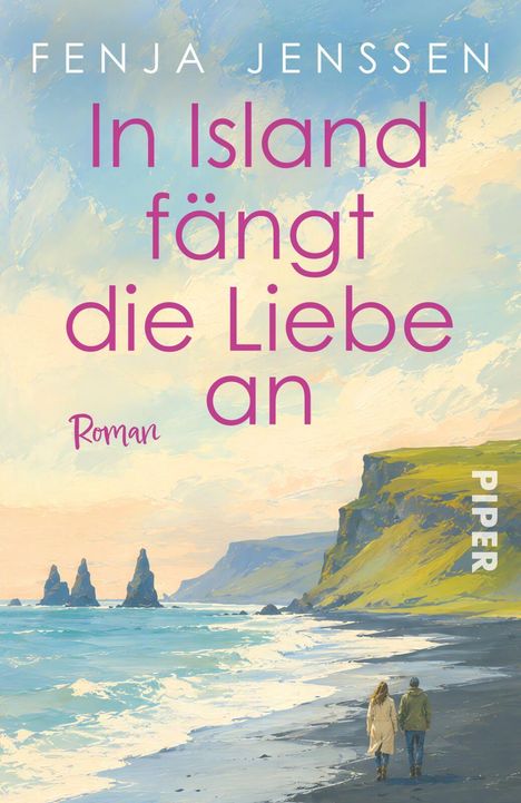 Text: "In Island fängt die Liebe an" von Fenja Jenssen, Roman. Illustration: Zwei Personen am Strand unter Klippen.