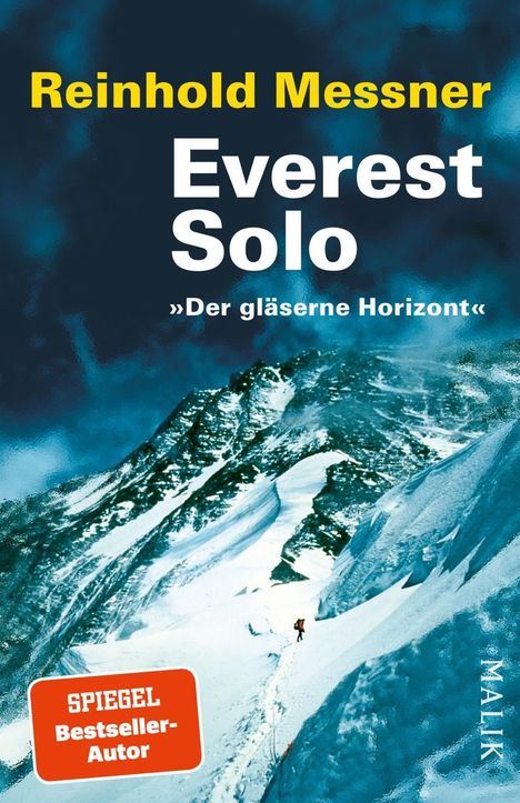 "Reinhold Messner: Everest Solo - Der gläserne Horizont" auf verschneiter Berglandschaft mit kleinem Bergsteiger.