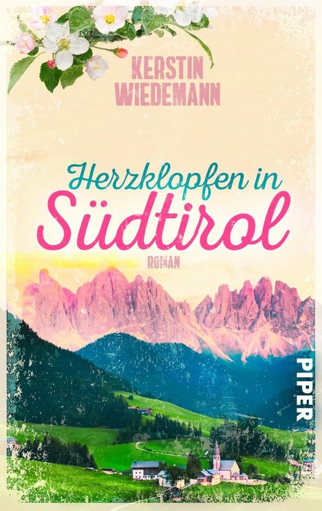 Titel: "Herzklopfen in Südtirol". Autor: Kerstin Wiedemann. Darunter Südtiroler Landschaft mit Bergen und Dorf.
