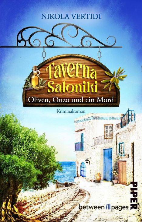 „Taverna Saloniki: Oliven, Ouzo und ein Mord“ Kriminalroman. Mediterrane Szenerie mit Küste, Haus, Olivenbaum.