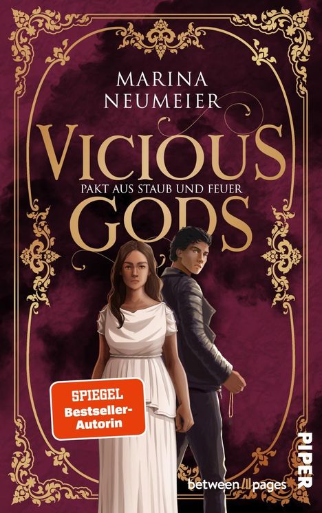 "Vicious Gods: Pakt aus Staub und Feuer" von Marina Neumeier. Zwei Figuren, Frau in Weiß, Mann in Schwarz, vor verziertem Hintergrund.