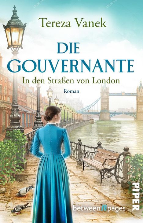 „Tereza Vanek, DIE GOUVERNANTE, In den Straßen von London, Roman.“ Frau in Blau schaut auf Fluss und Tower Bridge.
