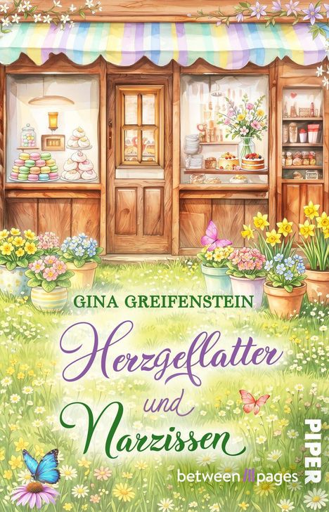 „Gina Greifenstein, Herzgeflatter und Narzissen“. Eine bunte Blumenwiese vor einer freundlichen Bäckerei.