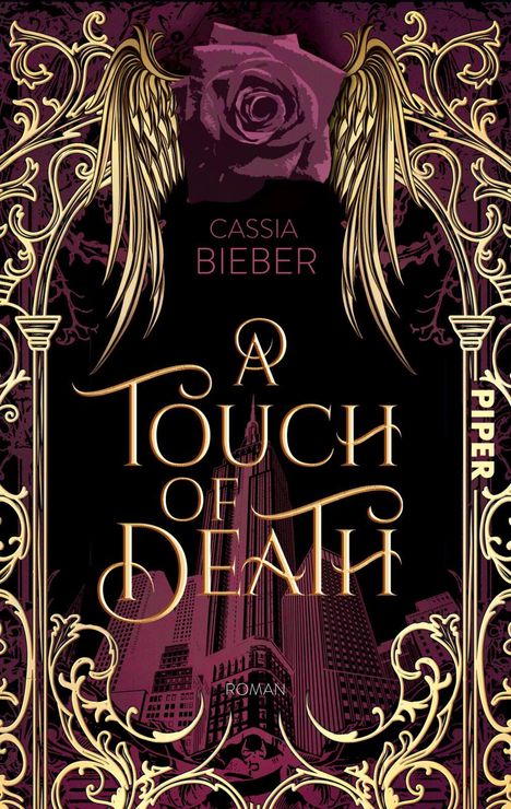 Goldene Texte: "Cassia Bieber", "A Touch of Death", "Roman". Purpurne Rose, goldene Flügel und Verzierungen im Hintergrund.