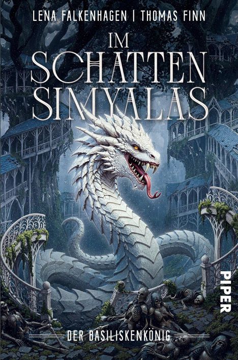 „Im Schatten Simyalas“, „Der Basiliskenkönig“. Ein weißer Drache windet sich durch eine verfallene, baumbewachsene Architektur.