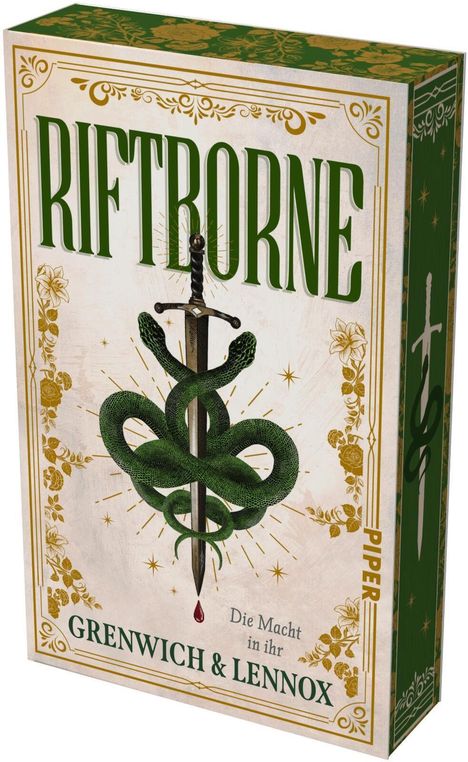 "Riftborne" in großer Schrift, darunter "Die Macht in ihr". Ein Schwert mit einer grünen Schlange ist abgebildet.