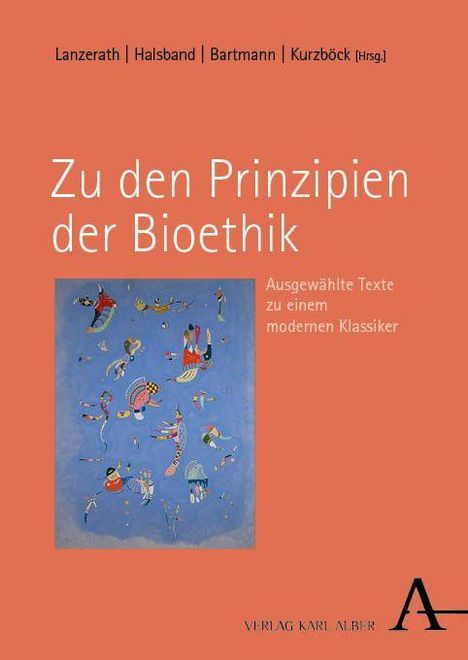 Titel: "Zu den Prinzipien der Bioethik". Illustration mit bunten Figuren auf blauem Hintergrund.