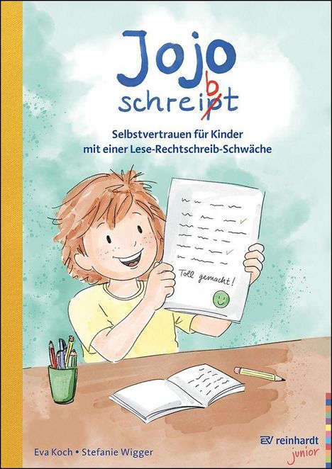 "Jojo schreibt. Selbstvertrauen für Kinder mit einer Lese-Rechtschreib-Schwäche." Kind hält stolz ein Blatt Papier.