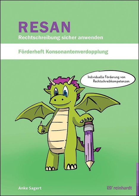 "RESAN: Rechtschreibung sicher anwenden" und "Förderheft Konsonantenverdopplung". Ein Drache hält einen Stift.
