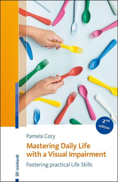 Text: "Mastering Daily Life with a Visual Impairment. Fostering practical Life Skills." Buntes Besteck auf hellem Hintergrund.