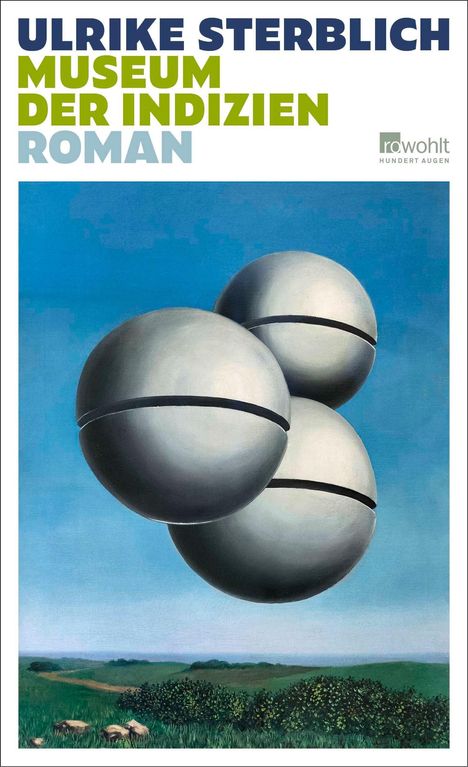 Grauer Hintergrund mit den schwarzen Texten: "Ulrike Sterblich", "MUSEUM DER INDIZIEN", "Roman". Weißer Kreis mit "Vorab-Cover". Unten "rowohlt".