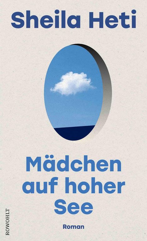 „Sheila Heti“, „Mädchen auf hoher See“, „Roman“. Illustration: Wolke und Seeausschnitt in ovalem Fenster.