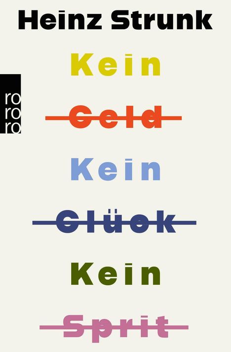 "Heinz Strunk. Kein Geld, Kein Glück, Kein Sprit." Rotes Logo mit "rororo" links. Bunte Buchstaben, teils durchgestrichen.