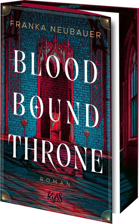 Text: BLOOD BOUND THRONE. Ein Thron vor einer gotischen Wand in roten und blauen Farben.