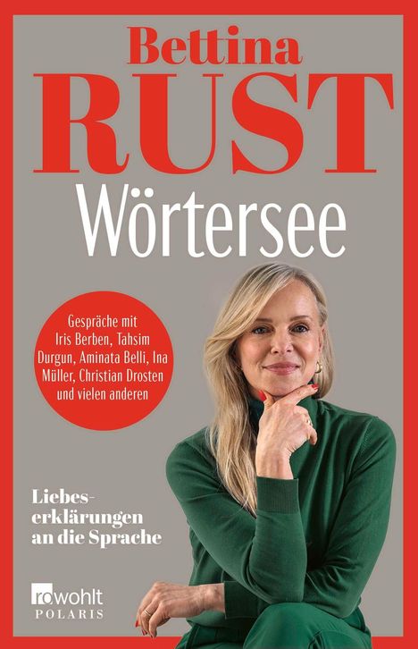 „Bettina Rust, Wörtersee,“ ein Buchcover. Frau in grünem Pullover, nachdenkliche Pose, grauer Hintergrund.