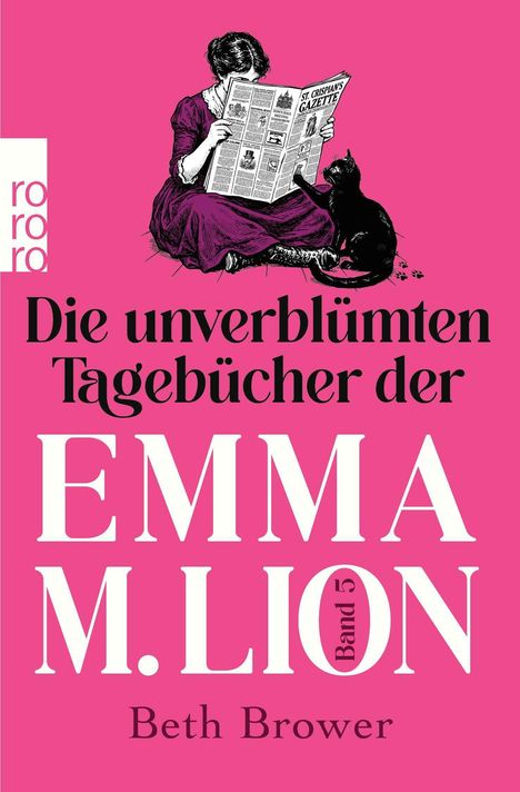 Ein Mädchen liest "St. Crispian's Gazette", eine Katze sitzt daneben. Text: "Die unverblümten Tagebücher der EMMA M. LION, Band 5".