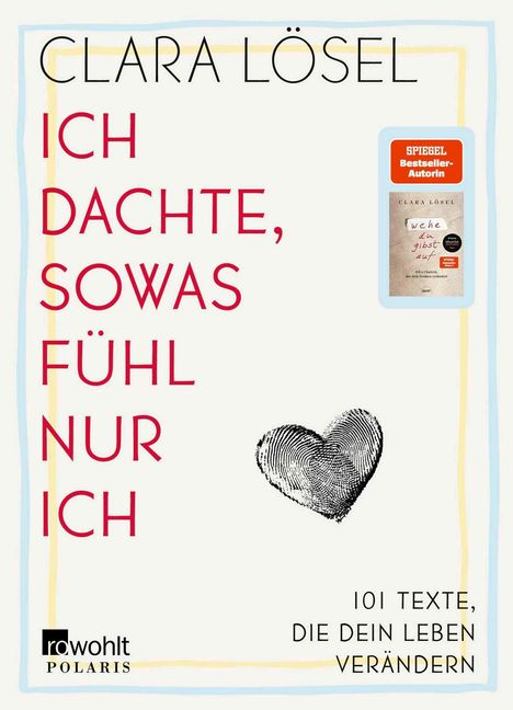 "ICH DACHTE, SOWAS FÜHL NUR ICH" in Rot. Fingerabdruck in Herzform, blau-gelber Rahmen, kleine Buchabbildung oben rechts.