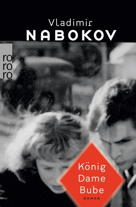 Text: "Vladimir Nabokov", "König Dame Bube", "Roman". Unscharfe schwarz-weiß Fotografie von zwei Personen.