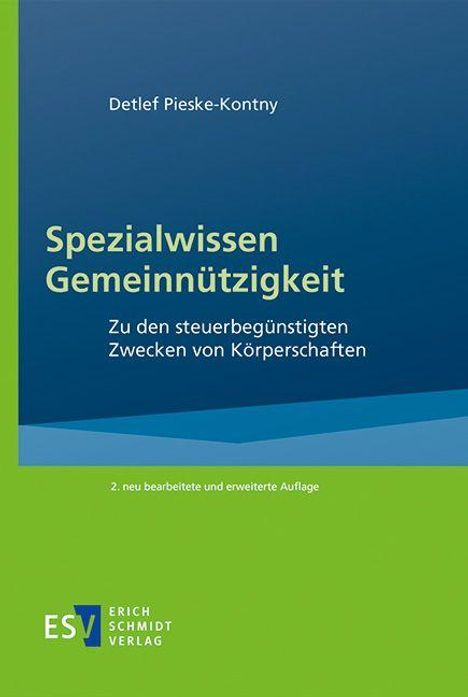 Text: "Detlef Pieske-Kontny", "Spezialwissen Gemeinnützigkeit", "Zu den steuerbegünstigten Zwecken von Körperschaften".  
Grüntöne und Blau.