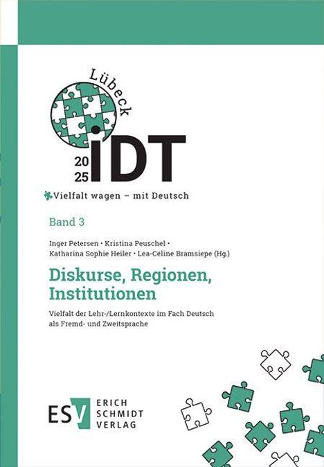 "Diskurse, Regionen, Institutionen." Logo mit Puzzle-Design, Lübeck 2025, IDT, Band 3, Herausgeber genannt. ESV Verlag.