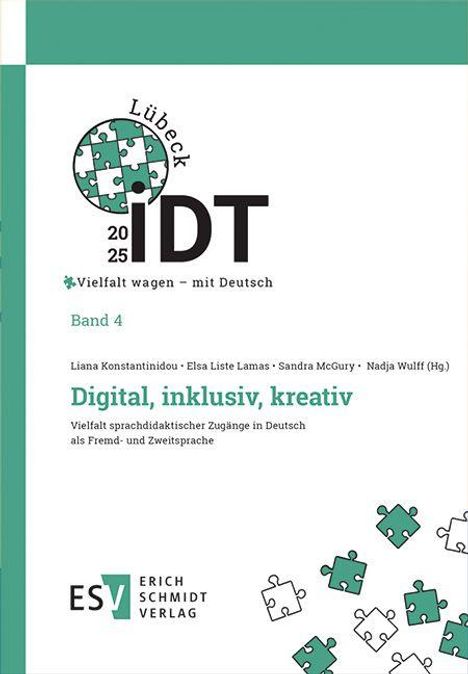 Band 4: Digital, inklusiv, kreativ. Vielfältige Ansätze im Deutschunterricht. Puzzle-Motiv mit grün-weißen Teilen.