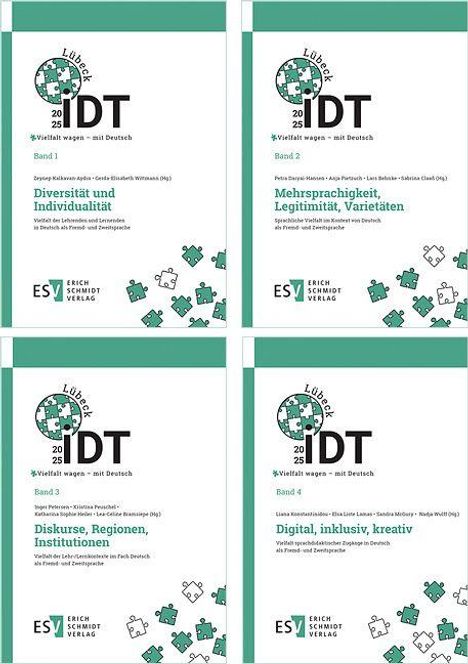 Text auf weißen Hintergründen: „Band 1: Diversität und Individualität“, „Band 2: Mehrsprachigkeit, Legitimität, Varietäten“, „Band 3: Diskurse, Regionen, Institutionen“, „Band 4: Digital, inklusiv, kreativ“. Oben ein Logo mit Puzzle-Muster. Unten Verlagslogo.