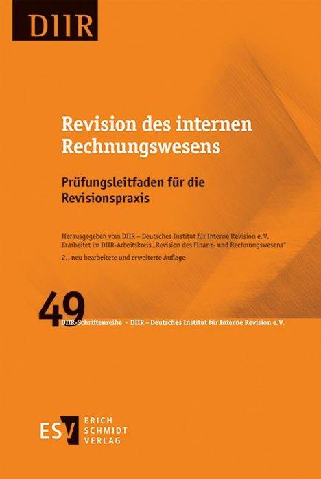 Orangefarbene Buchseite mit Text: "Revision des internen Rechnungswesens", "Prüfungsleitfaden", "DIIR", Logo und Nr. 49.