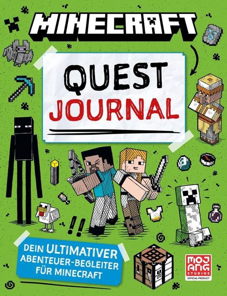 „QUEST JOURNAL“ in der Mitte, grüne Hintergrundfarbe, Minecraft-Figuren und Gegenstände, „Dein ultimativer Abenteuer-Begleiter.“