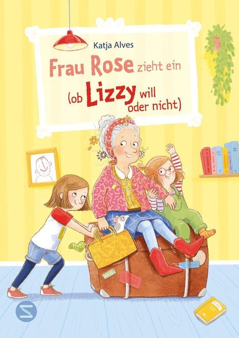 „Katja Alves: Frau Rose zieht ein (ob Lizzy will oder nicht)“. Illustration: Ältere Frau mit Kindern und Koffer.