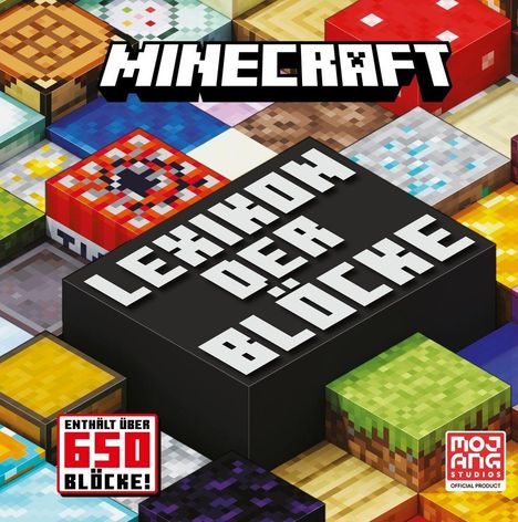 "LEXIKON DER BLÖCKE", "Enthält über 650 Blöcke!", diverse bunte, pixelige Blöcke; Mojang Studios-Logo.