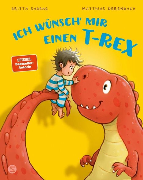 „Ich wünsch’ mir einen T-Rex“. Ein Junge in Pyjama reitet lächelnd auf einem freundlichen, roten Dinosaurier.