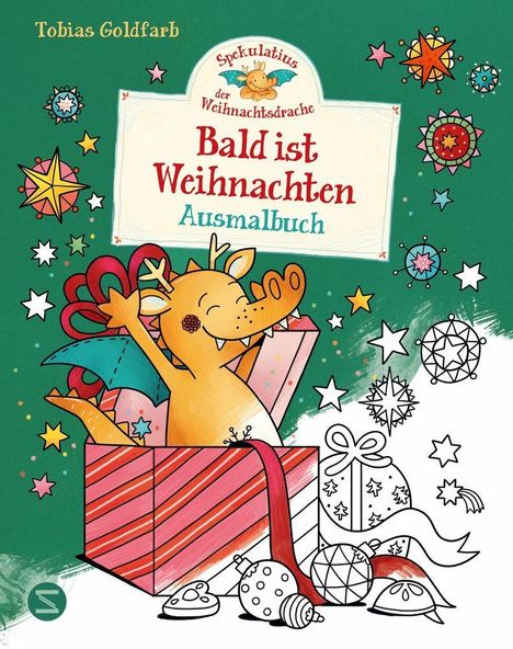 "Bald ist Weihnachten. Ausmalbuch." Ein fröhlicher gelber Drache springt aus einem Geschenk, umgeben von Weihnachtssternen.