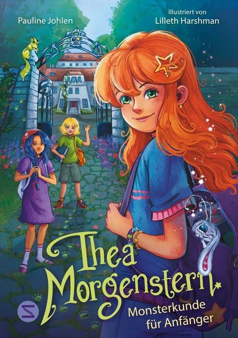 "Thea Morgenstern: Monsterkunde für Anfänger." Drei Mädchen vor einem großen, einladenden Gebäude mit Sternen und Fantasiewesen.