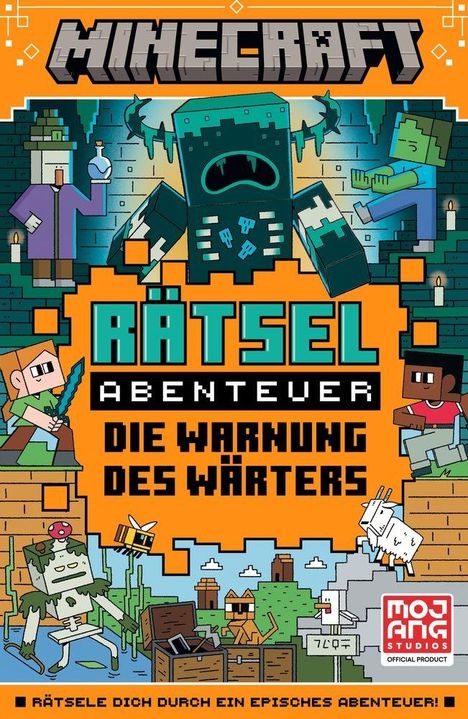 Texte: "MINECRAFT", "RÄTSEL ABENTEUER", "DIE WARNUNG DES WÄRTERS". Illustration mit Figuren und Blöcken im Videospiel-Stil.