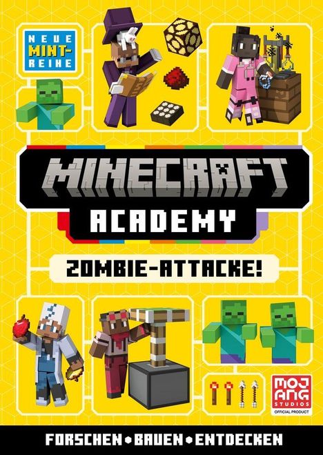 "Neue Mini-Reihe", "MINECRAFT ACADEMY", "ZOMBIE-ATTACKE!", "FORSCHEN • BAUEN • ENTDECKEN". Illustration von Minecraft-Figuren.