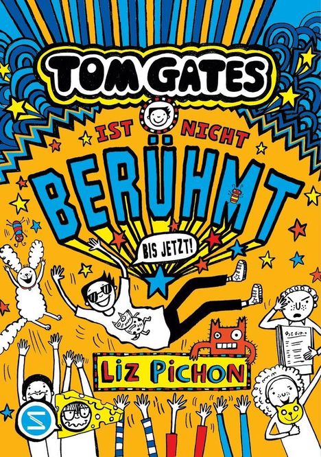 „Tom Gates ist nicht berühmt bis jetzt!“ Illustration von Menschen und Tieren, lebhaft und bunt gestaltet.