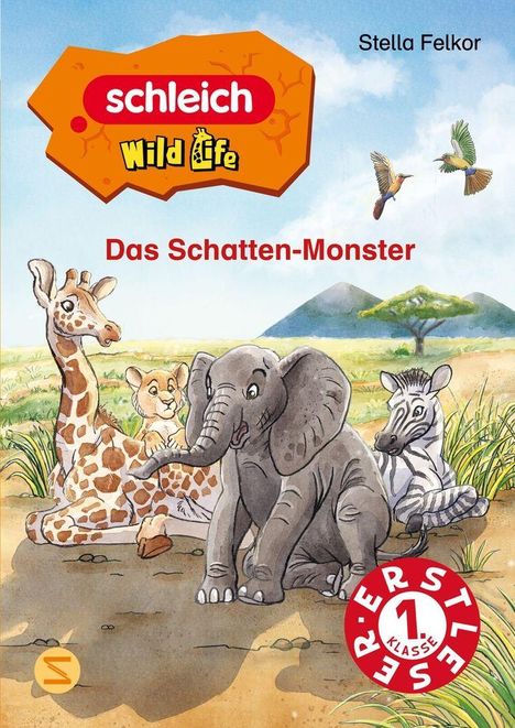 „schleich Wild Life“, „Das Schatten-Monster“, „Stella Felkor“. Illustration: Giraffe, Elefant, Zebra, Berglandschaft.