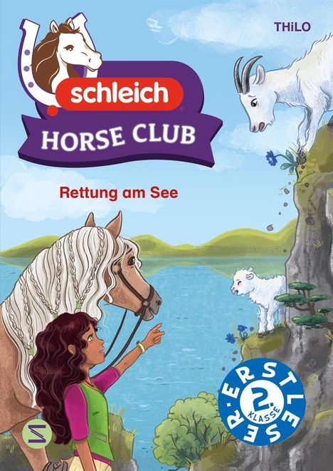 "schleich HORSE CLUB", "Rettung am See", "THiLO", "ERSTLESER 2. KLASSE". Mädchen zeigt auf Schaf auf Klippe.