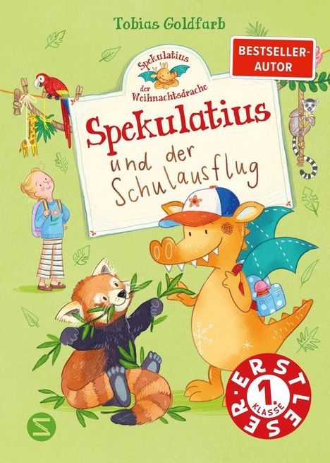 „Spekulatius und der Schulausflug“. Ein Drache mit Rucksack und rotes Pandatier. Bunte, fröhliche Illustration.