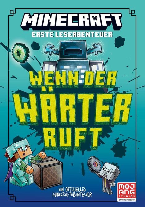 Texte: "MINECRAFT", "Erste Leserabenteuer", "Wenn der Wächter ruft", "Ein offizielles Minecraftabenteuer". Illustrative Minecraft-Szene.