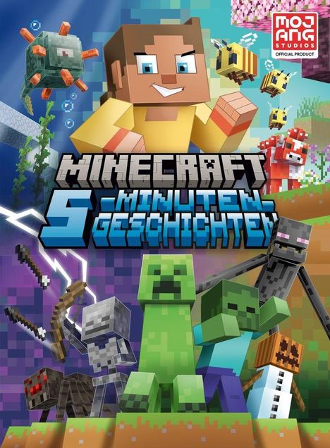"Minecraft 5-Minuten-Geschichten" steht im Vordergrund. Eine Illustration von Minecraft-Charakteren und Monstern.
