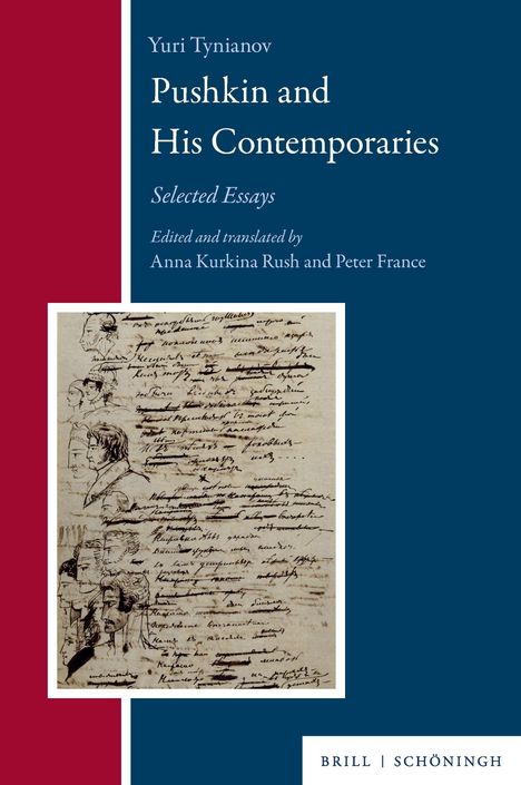 „Yuri Tynianov: Pushkin and His Contemporaries“. Skizzenhafte Porträts und handschriftliche Notizen auf beigem Papier.
