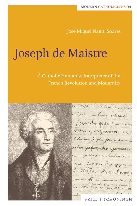 Gelber Hintergrund mit Text: "Joseph de Maistre". Illustration eines Mannes und handschriftlicher Text darunter.