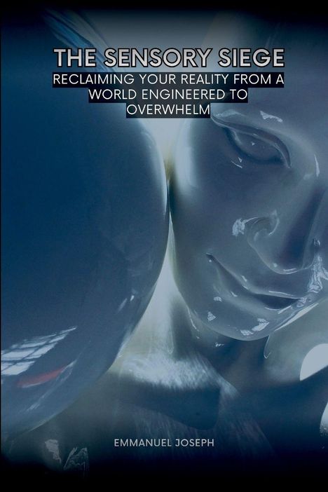 Text: "THE SENSORY SIEGE: Reclaiming Your Reality from a World Engineered to Overwhelm. Emmanuel Joseph."  
Illustration eines Gesichts.
