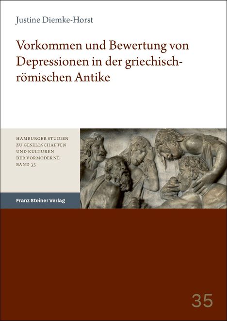 Buchtitel „Vorkommen und Bewertung von Depressionen... Antike“. Reliefdarstellung von Personen in nachdenklichen Posen.