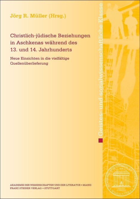 Titel: "Christlich-jüdische Beziehungen in Aschkenas". Beige Hintergrund, vertikales Logo rechts, abstraktes Bild.