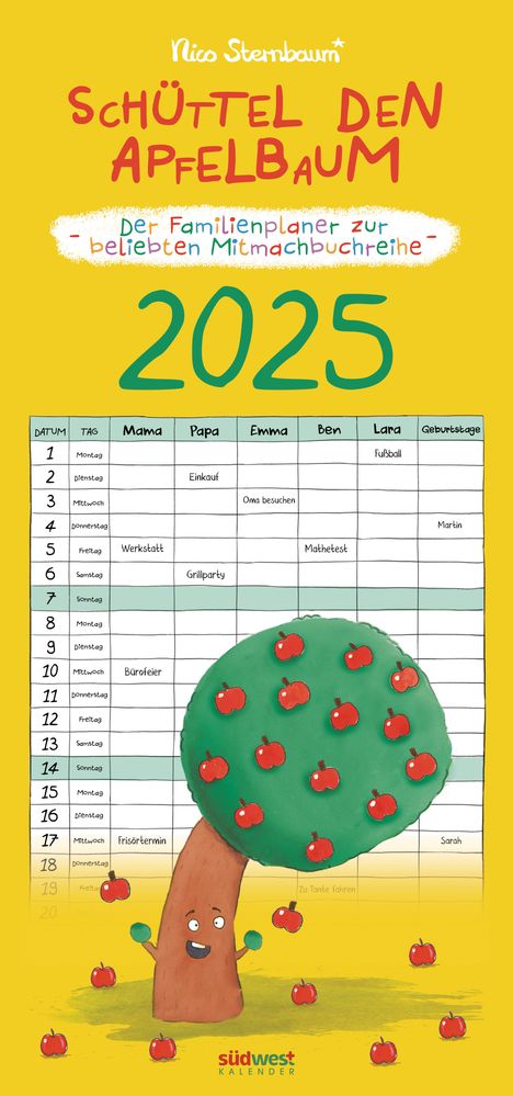 Nico Sternbaum: Schüttel den Apfelbaum - der Familienplaner zur beliebten Mitmachbuchreihe von Nico Sternbaum - Monats-Wandkalender 2025 zum Aufhängen, mit Spiralbindung, 22,4 x 48,5 cm, Kalender