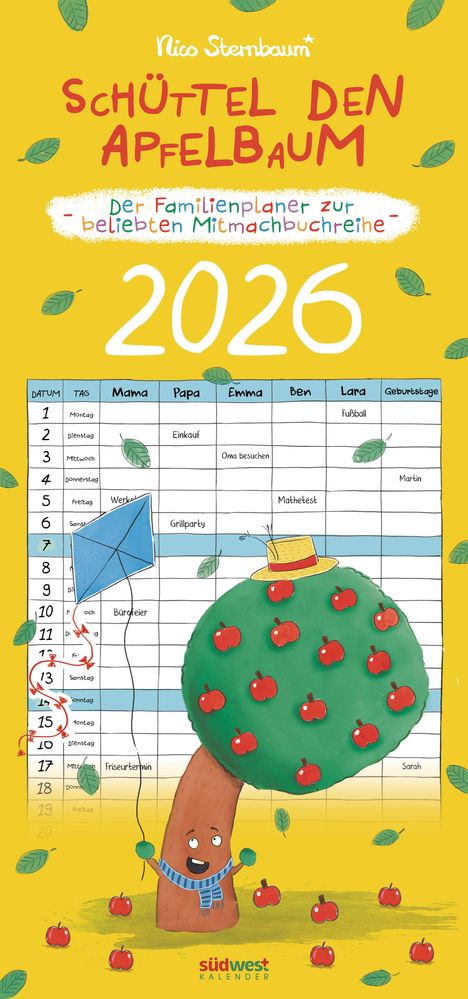 Nico Sternbaum: Schüttel den Apfelbaum - der Familienplaner zur beliebten Mitmachbuchreihe von Nico Sternbaum - Monats-Wandkalender 2026 zum Aufhängen, mit Spiralbindung, 22,4 x 48,5 cm, Kalender